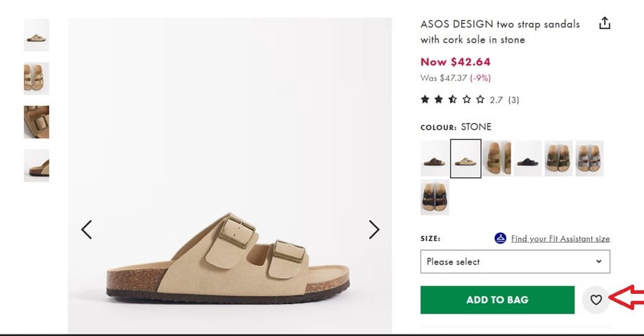 Asos feature that allows visitors to add items to their wishlist
